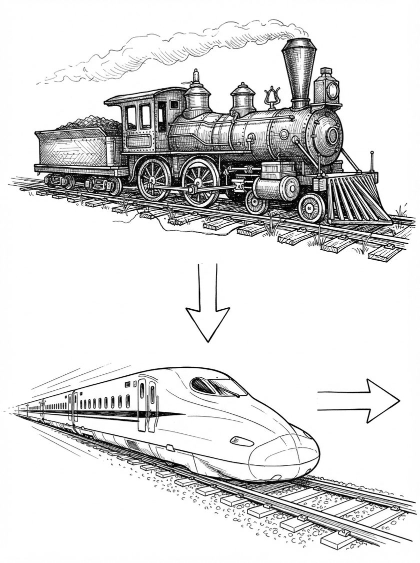 Pen-and-ink drawing.
Above, an old steam locomotive labours along warped, weed-grown track. An arrow points
down to a modern high-speed train running on straight welded rail, with a second arrow
showing the direction it is heading.